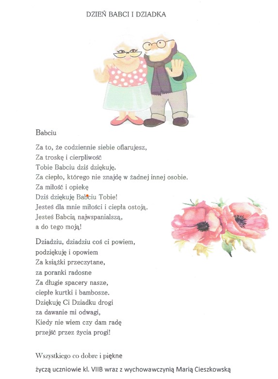 Życzenia od klasy siódmej b dla babci i dziadka.
