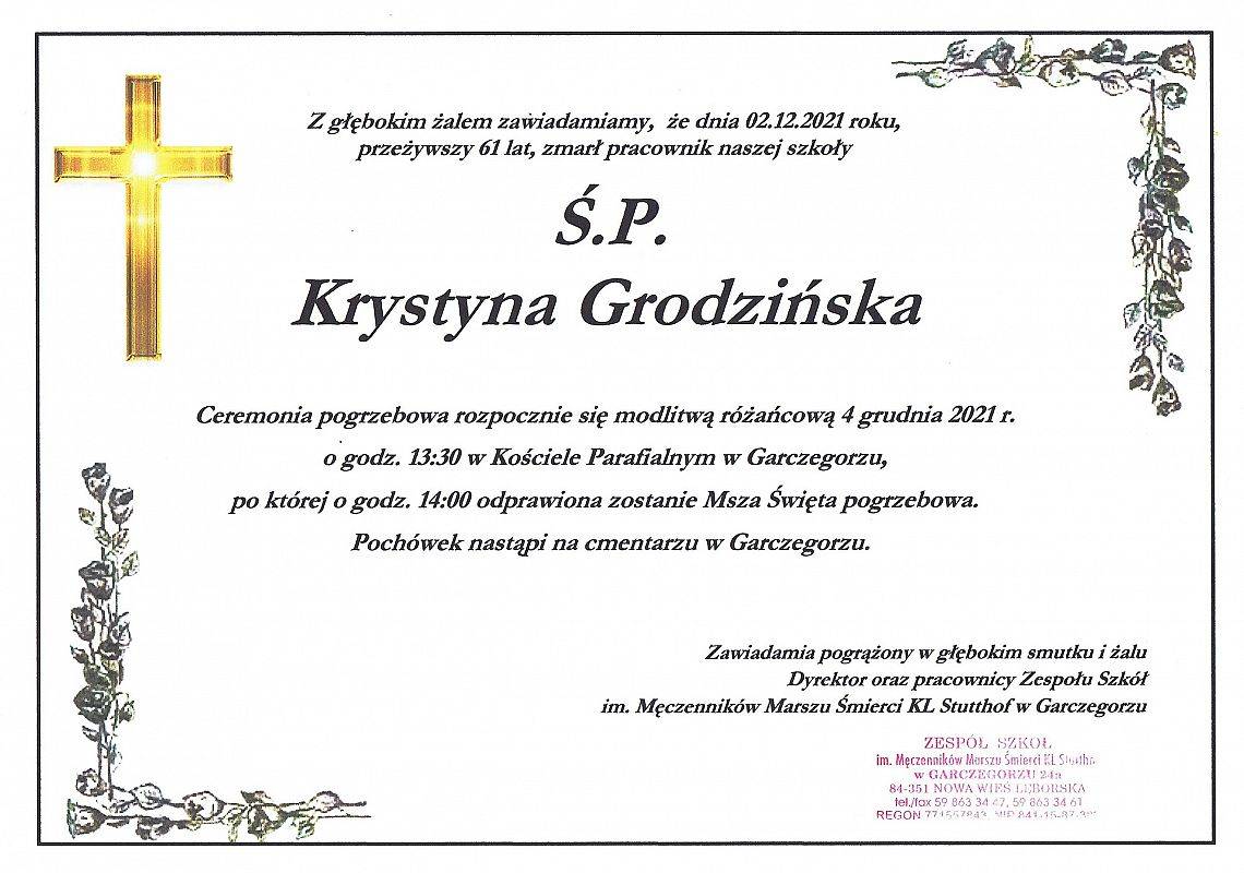 Grafika 1: Z głębokim żalem zawiadamiamy, że zmarł pracownik naszej szkoły Pani Krystyna Grodzińska