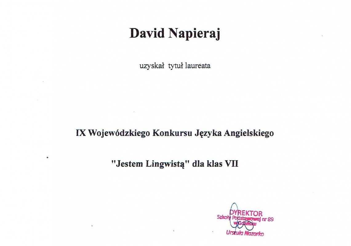 Grafika 1: David Napieraj laureatem IX Wojewódzkiego Konkursu Języka Angielskiego "Jestem Lingwistą"