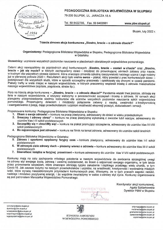 Konkursy dla uczniów pod hasłem "Siostro, bracie – o zdrowie dbacie? - pismo