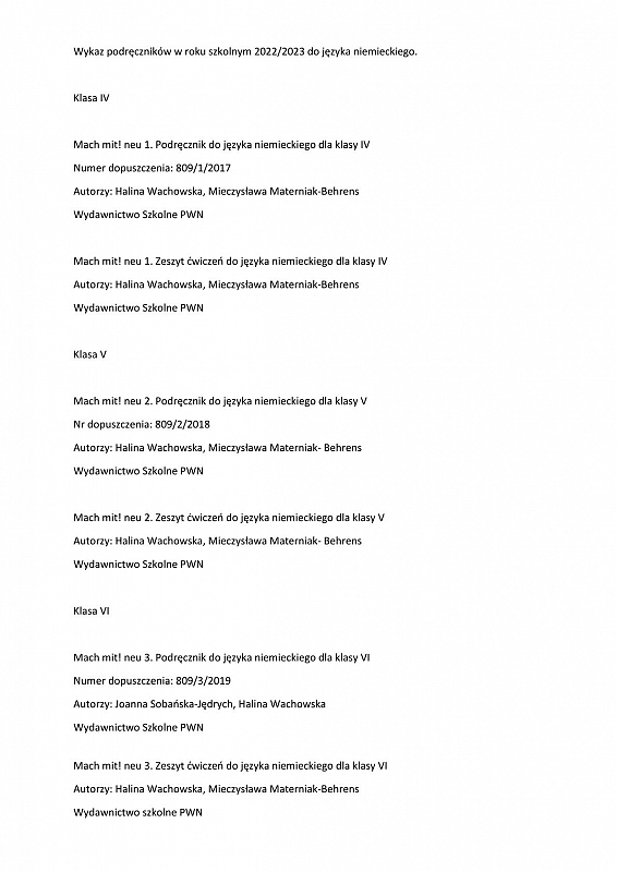 Wykaz podręczników w roku szkolnym 2022/2023 do języka niemieckiego