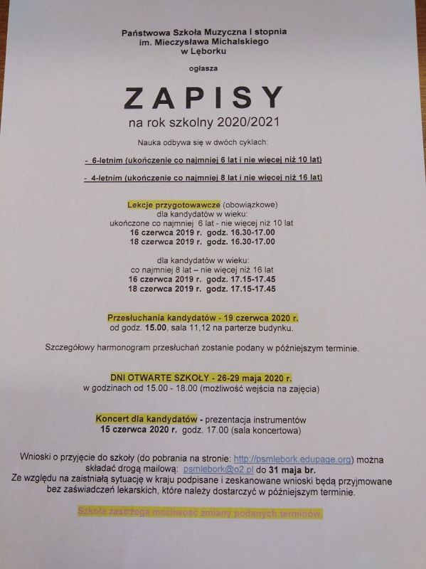  Grafika #0: Rekrutacja do Państwowej Szkoły Muzycznej I stopnia im. Mieczysława Michalskiego w Lęborku