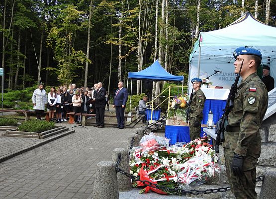 Złożone kwiaty przed pomnikiem
