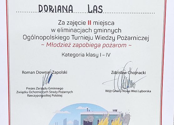 Dyplom za Ogólnopolski turniej wiedzy pożarniczej w szkole w Nowej Wsi Lęborskiej, Dorian Las.