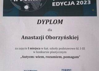 Dyplom za zajęcie 1 miejsca dla Anastazji Oborzyńskiej
