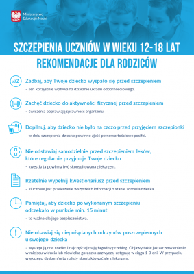 Szczepienia uczniów w wieku 12-18 lat – rekomendacje dla rodziców – plakat